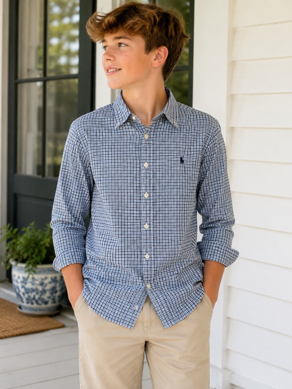 Ralph Lauren Boys Blue Gingham Button-Down Shirt Youth Large 14-16 Cotton Preppy